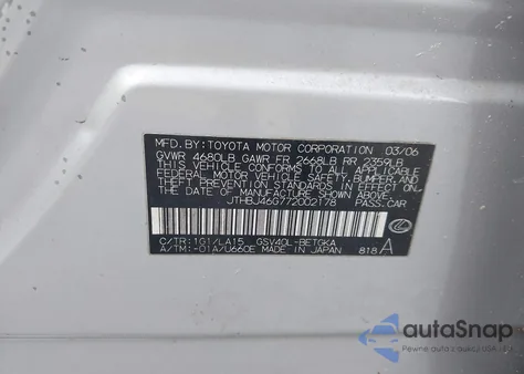 2007 Lexus Es 350 from USA, damaged, VIN JTHBJ46G772002178